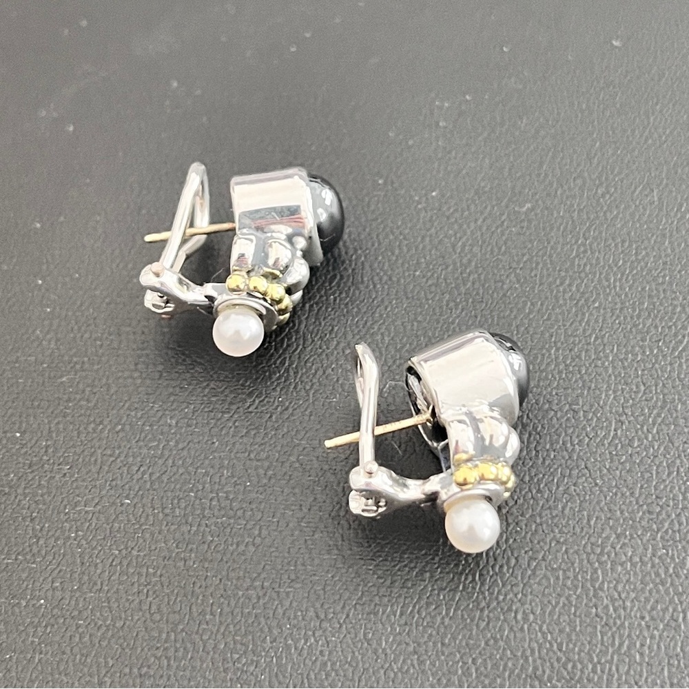 Vintage Lagos Hematite, Pearl, Sterling Silver and 18kt Yellow Gold Earrings - Picture 5 of 11